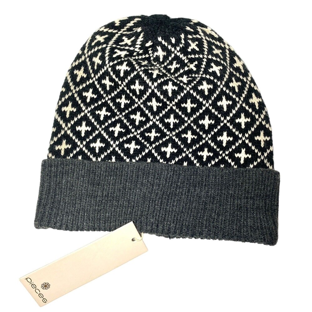 Pieces ASOS Essie Hood Knit Beanie Hat Gray Black M/L New With Tags Geometric